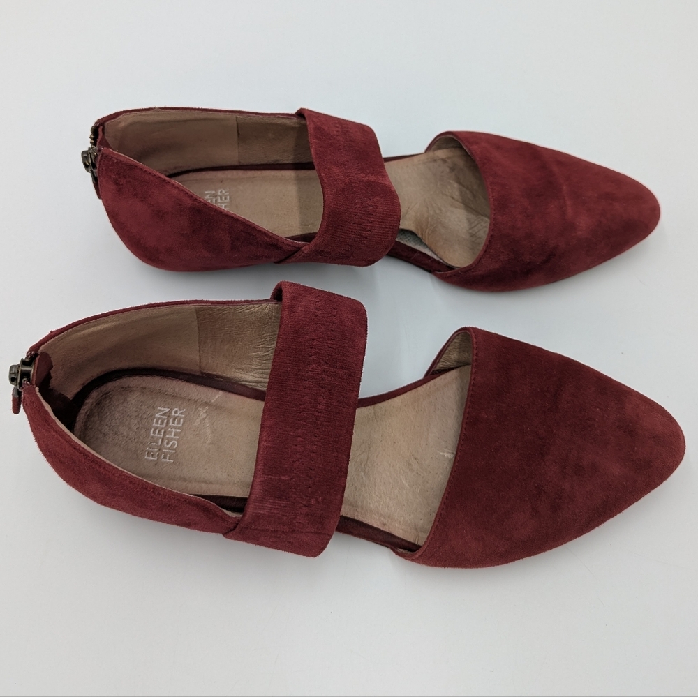 Eileen Fisher Hall Burgundy Suede Pointed Toe Flats Back Zip 8 Women's Maroon